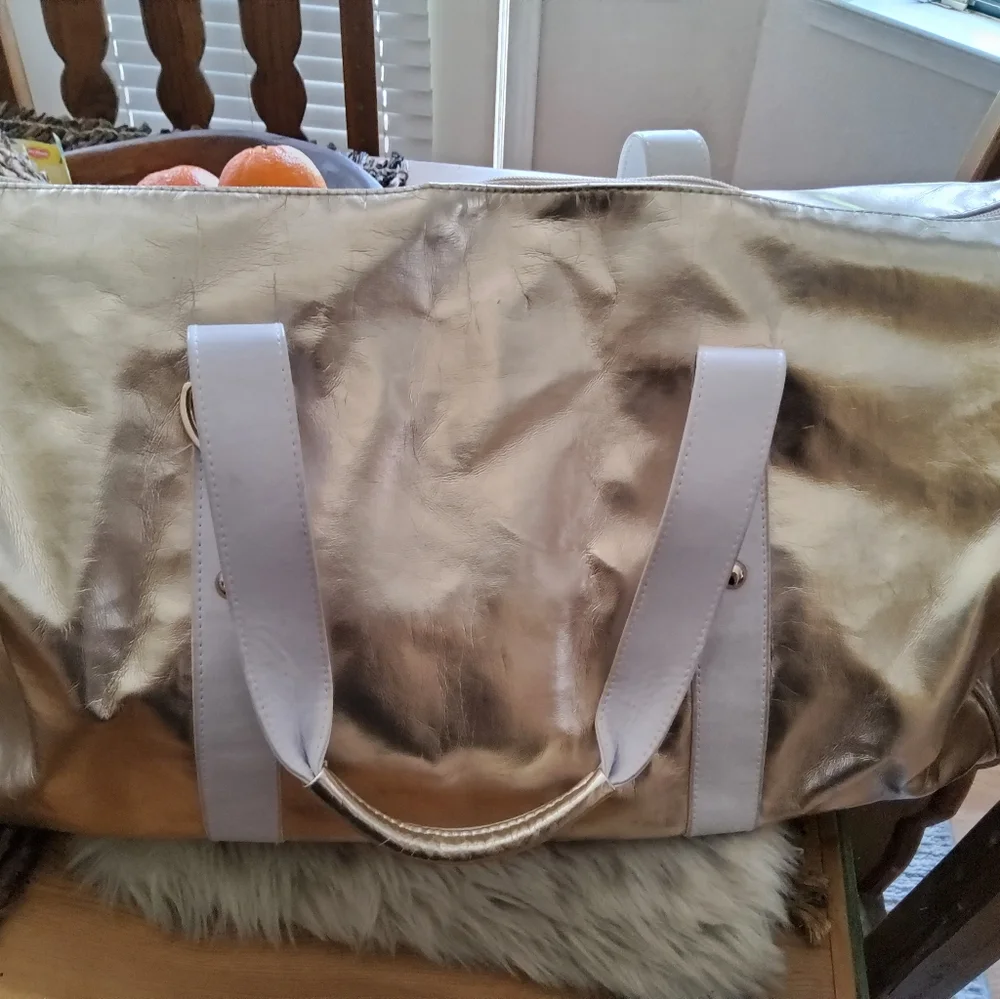 Versace Metallic Gold Duffel Bag with White Straps